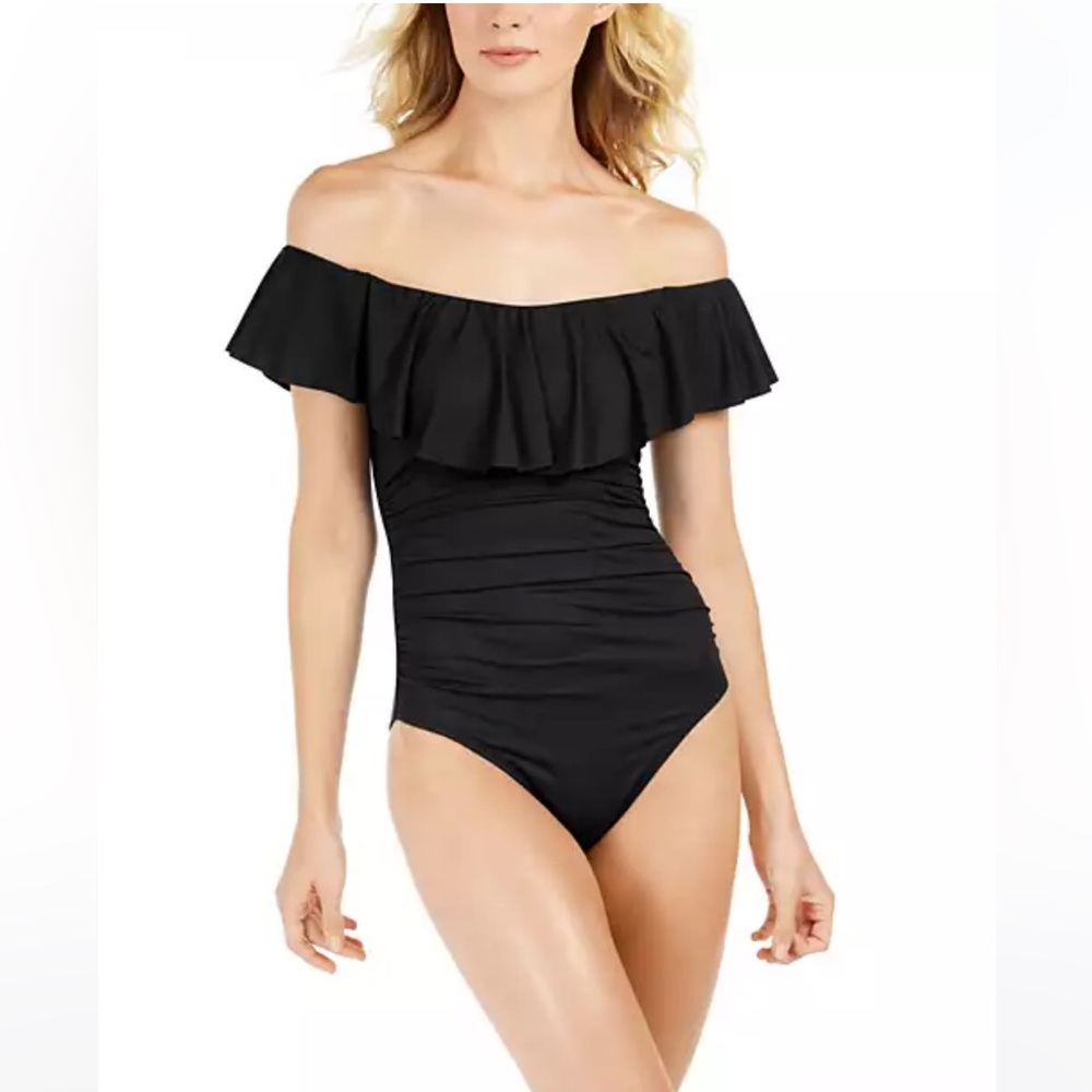NWT La Blanca Island Goddess Off Shoulder Ruffle One Piece - Black size 6
